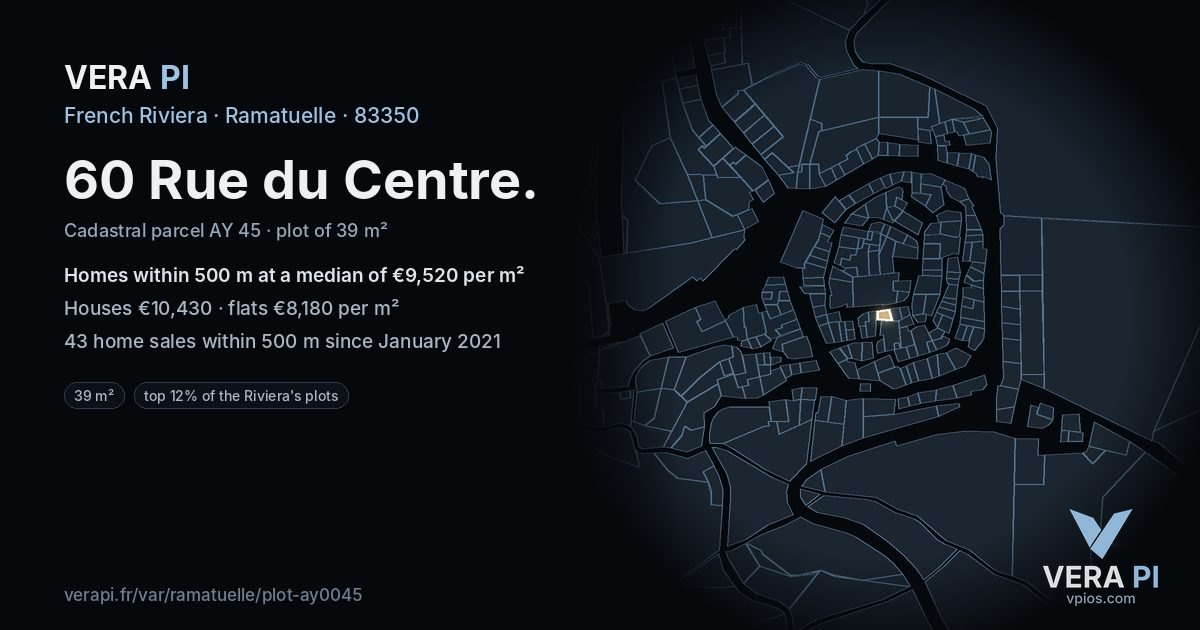 60 Rue du Centre, Ramatuelle at night – the plot lit, the parcels around coloured by the prices near them