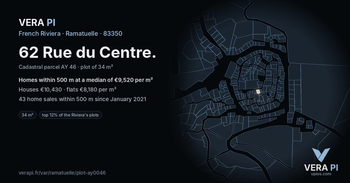 62 Rue du Centre, Ramatuelle at night – the plot lit, the parcels around coloured by the prices near them