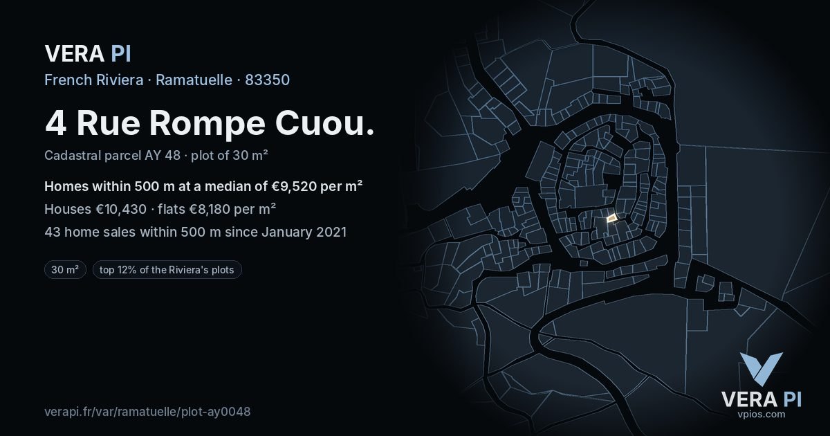 4 Rue Rompe Cuou, Ramatuelle at night – the plot lit, the parcels around coloured by the prices near them