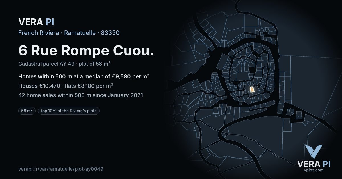 6 Rue Rompe Cuou, Ramatuelle at night – the plot lit, the parcels around coloured by the prices near them