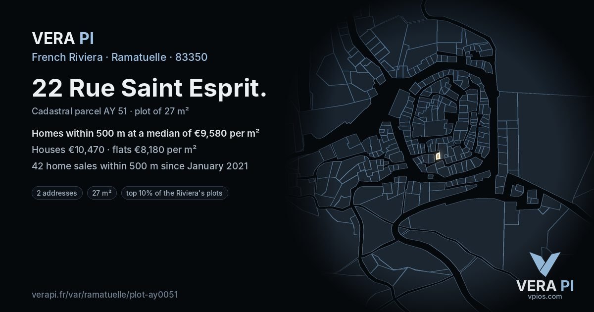 22 Rue Saint Esprit, Ramatuelle at night – the plot lit, the parcels around coloured by the prices near them