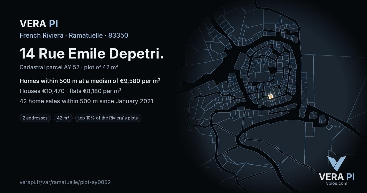 14 Rue Emile Depetri, Ramatuelle at night – the plot lit, the parcels around coloured by the prices near them