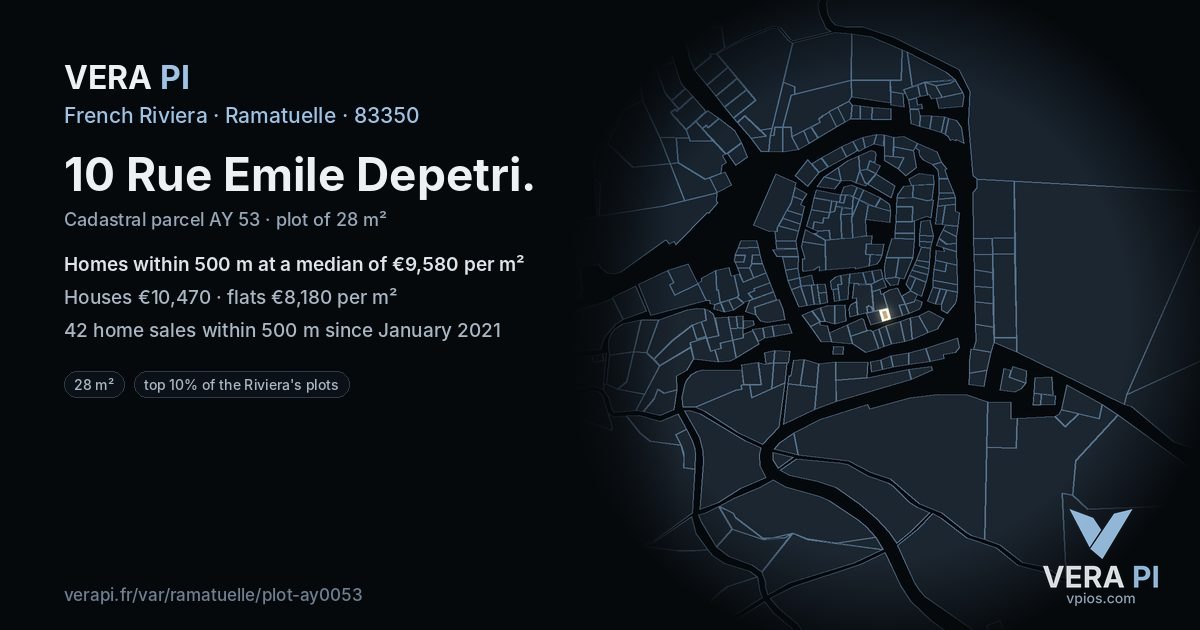 10 Rue Emile Depetri, Ramatuelle at night – the plot lit, the parcels around coloured by the prices near them
