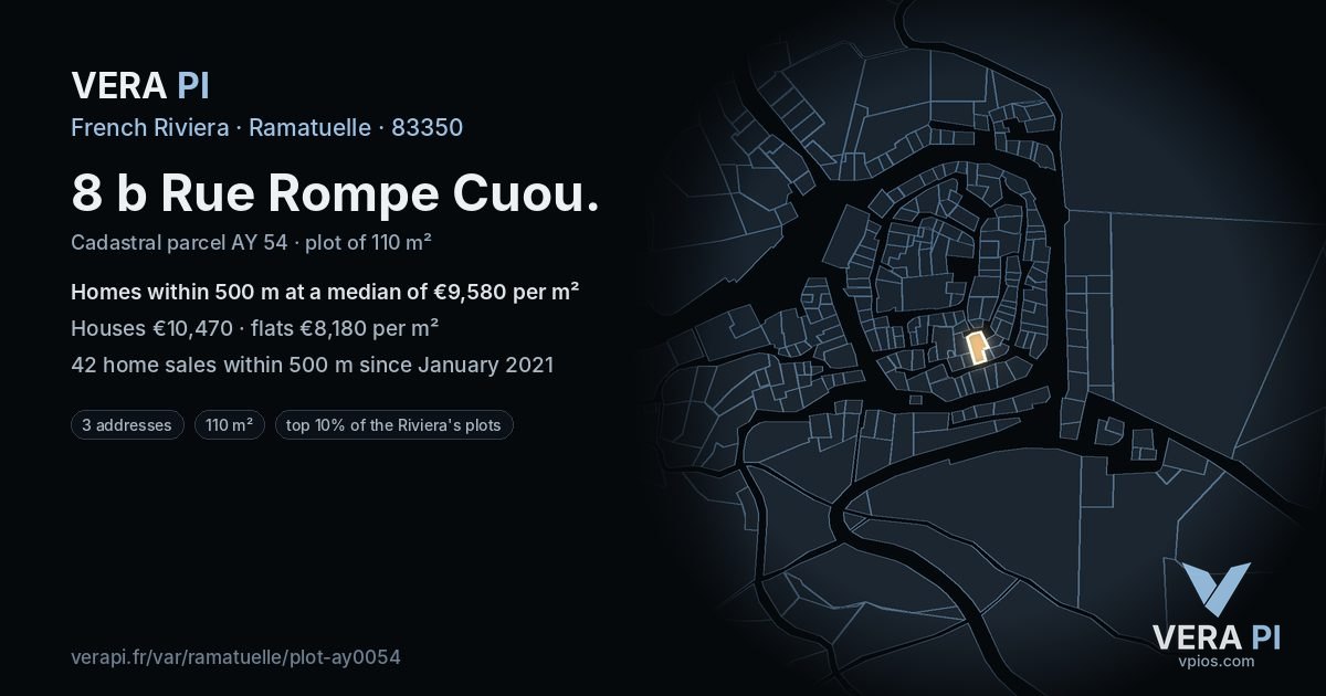8 b Rue Rompe Cuou, Ramatuelle at night – the plot lit, the parcels around coloured by the prices near them