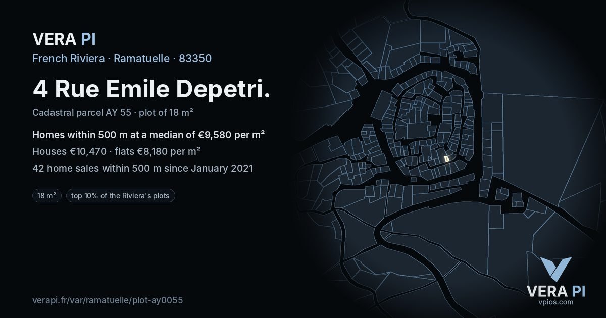 4 Rue Emile Depetri, Ramatuelle at night – the plot lit, the parcels around coloured by the prices near them