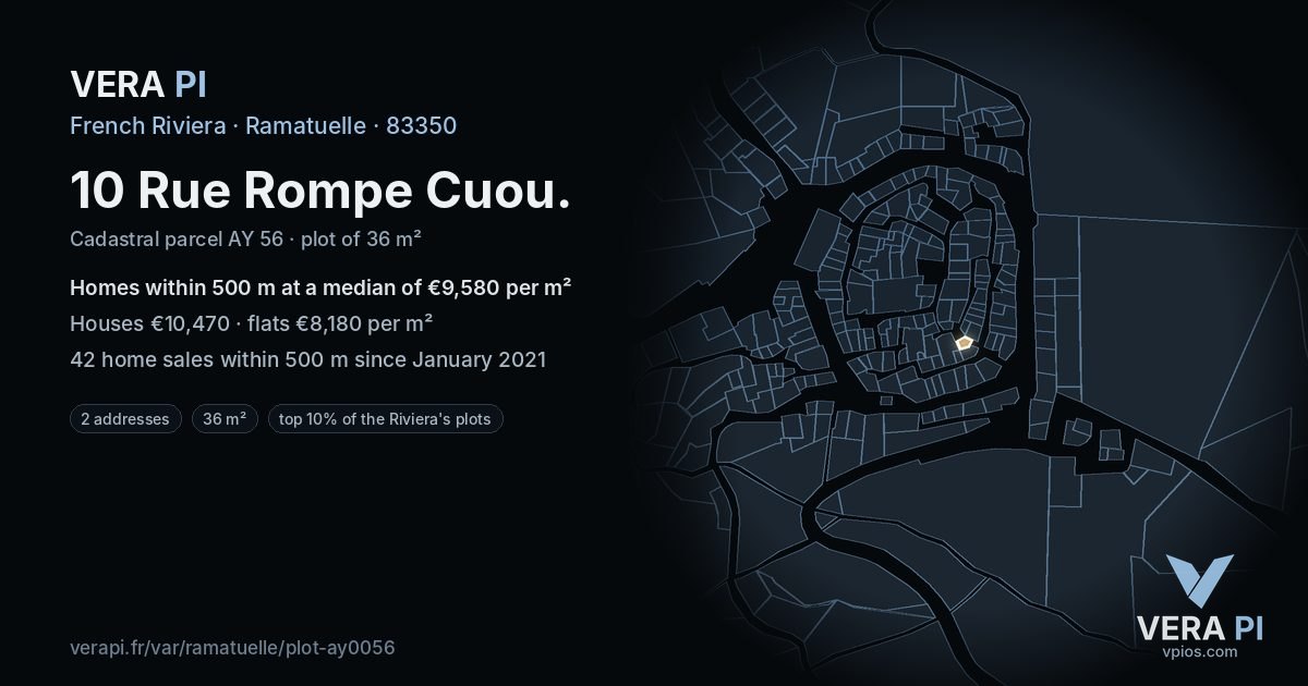 10 Rue Rompe Cuou, Ramatuelle at night – the plot lit, the parcels around coloured by the prices near them