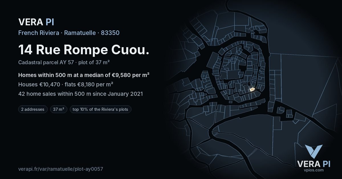 14 Rue Rompe Cuou, Ramatuelle at night – the plot lit, the parcels around coloured by the prices near them