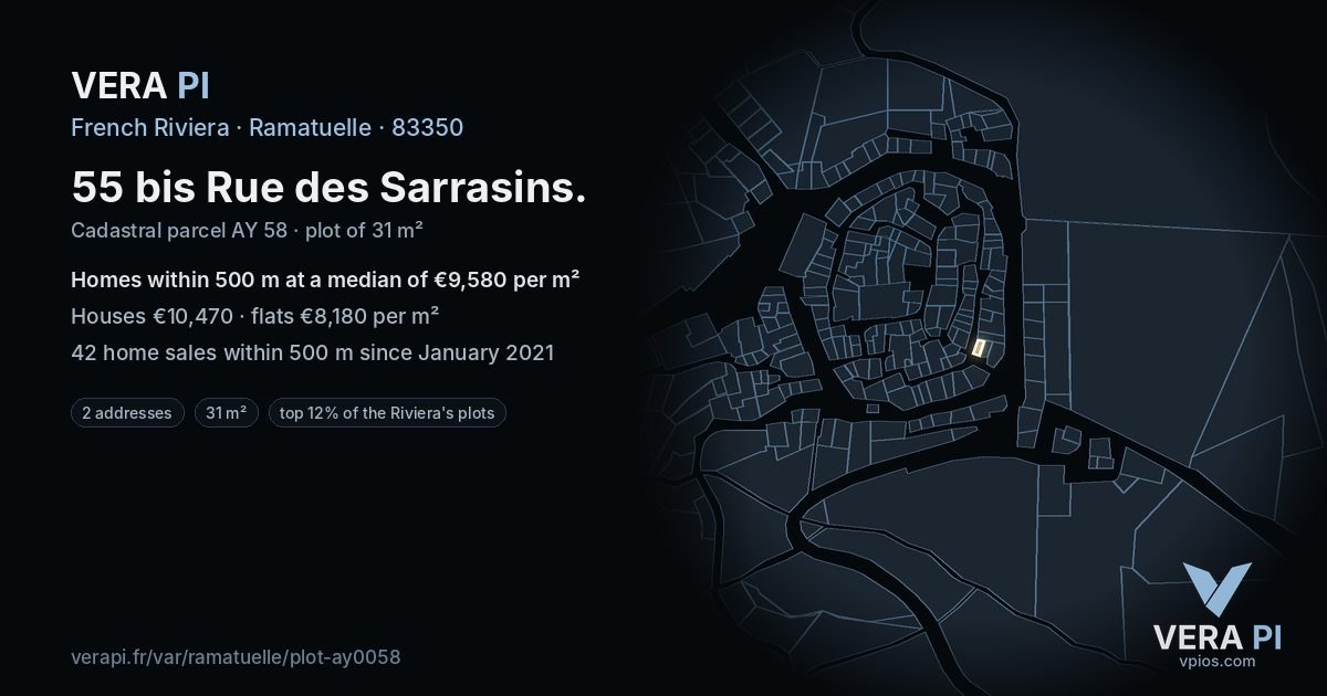 55 bis Rue des Sarrasins, Ramatuelle at night – the plot lit, the parcels around coloured by the prices near them