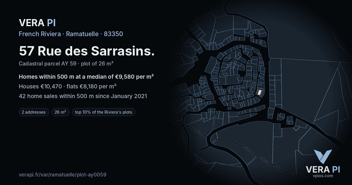57 Rue des Sarrasins, Ramatuelle at night – the plot lit, the parcels around coloured by the prices near them
