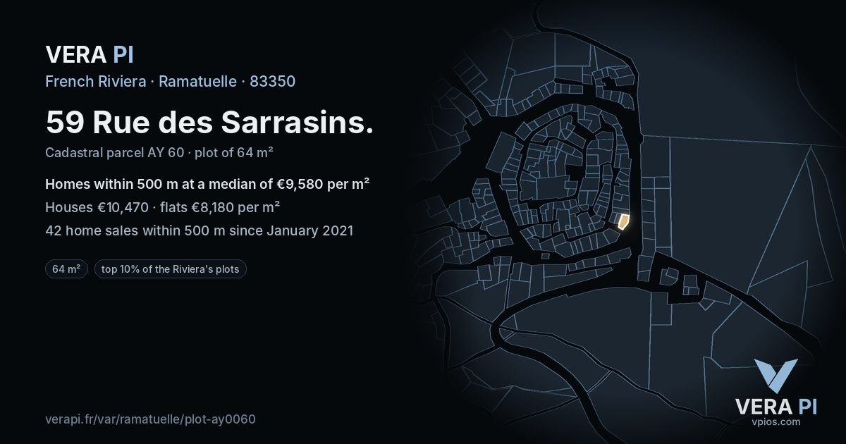 59 Rue des Sarrasins, Ramatuelle at night – the plot lit, the parcels around coloured by the prices near them