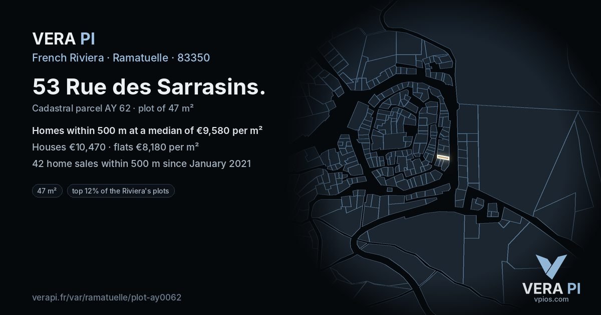 53 Rue des Sarrasins, Ramatuelle at night – the plot lit, the parcels around coloured by the prices near them