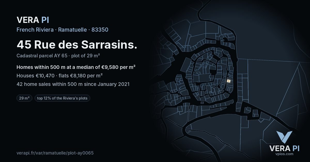 45 Rue des Sarrasins, Ramatuelle at night – the plot lit, the parcels around coloured by the prices near them