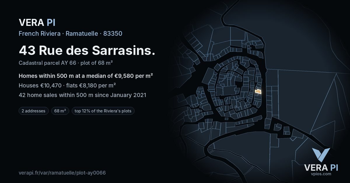 43 Rue des Sarrasins, Ramatuelle at night – the plot lit, the parcels around coloured by the prices near them