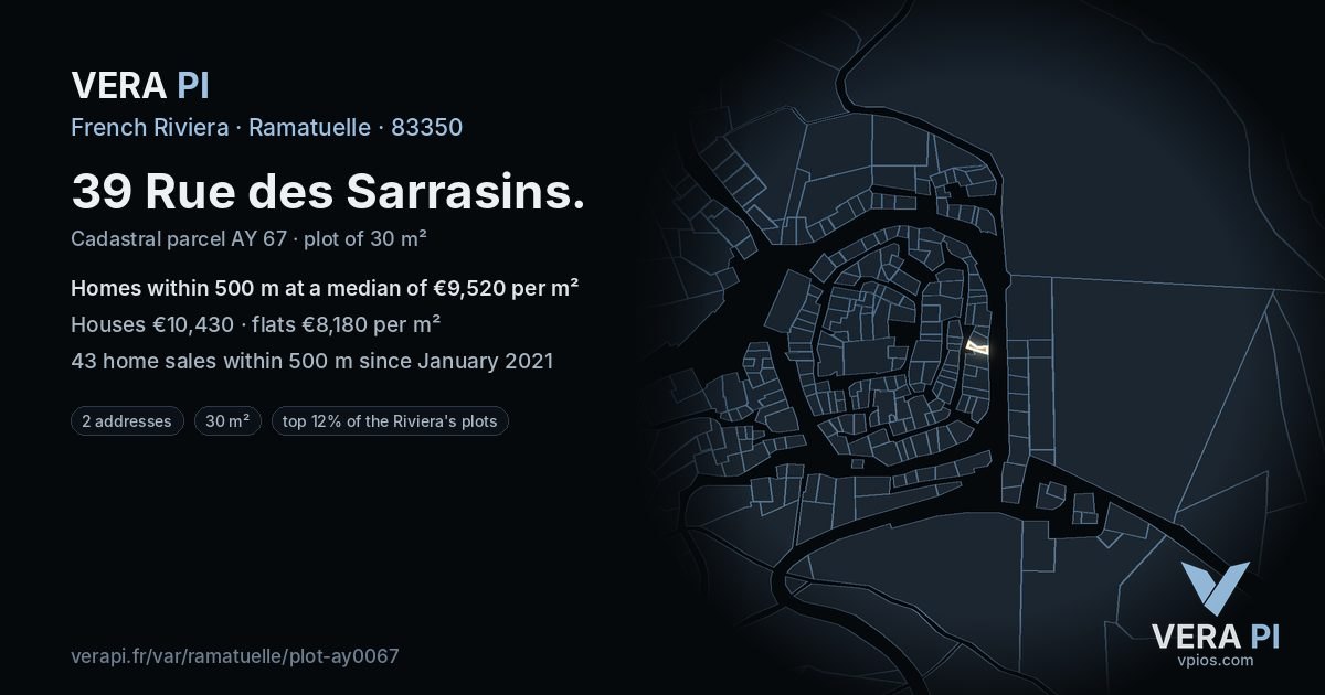 39 Rue des Sarrasins, Ramatuelle at night – the plot lit, the parcels around coloured by the prices near them