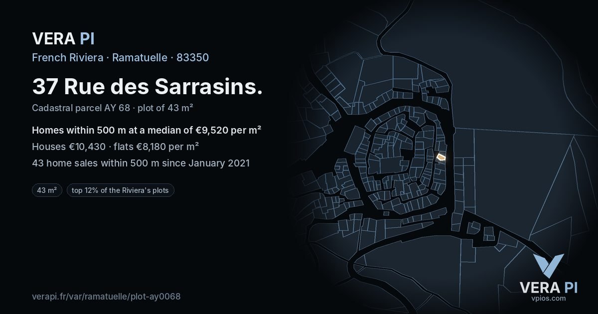 37 Rue des Sarrasins, Ramatuelle at night – the plot lit, the parcels around coloured by the prices near them