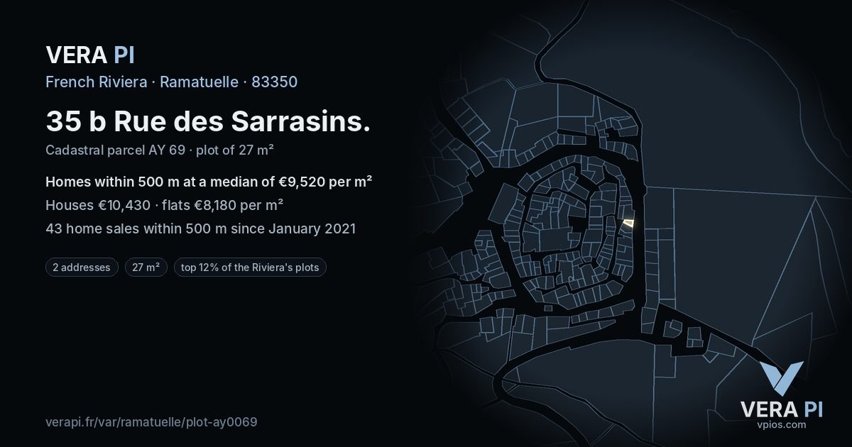 35 b Rue des Sarrasins, Ramatuelle at night – the plot lit, the parcels around coloured by the prices near them