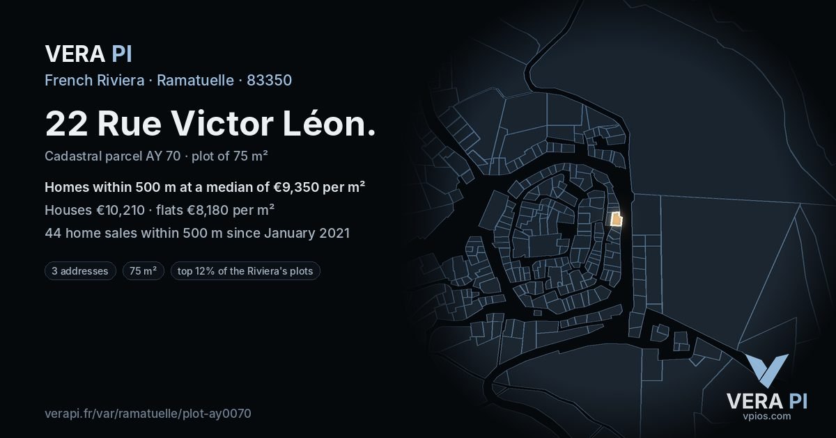 22 Rue Victor Léon, Ramatuelle at night – the plot lit, the parcels around coloured by the prices near them
