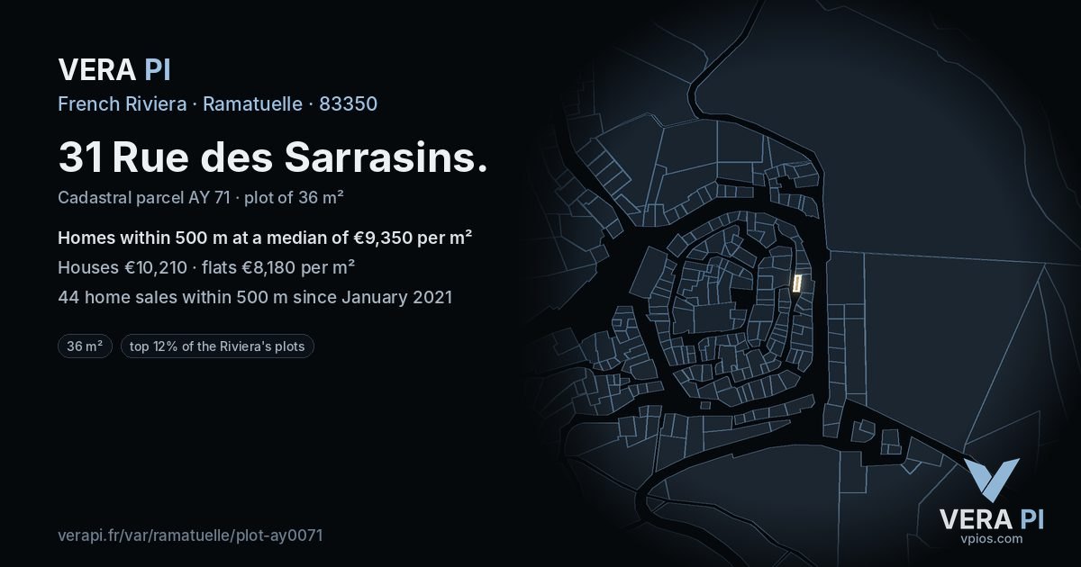 31 Rue des Sarrasins, Ramatuelle at night – the plot lit, the parcels around coloured by the prices near them