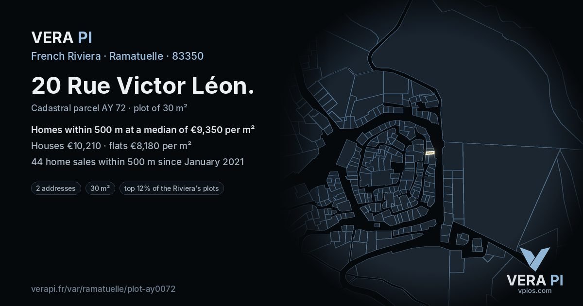 20 Rue Victor Léon, Ramatuelle at night – the plot lit, the parcels around coloured by the prices near them
