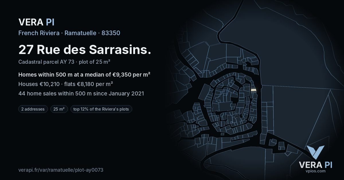 27 Rue des Sarrasins, Ramatuelle at night – the plot lit, the parcels around coloured by the prices near them