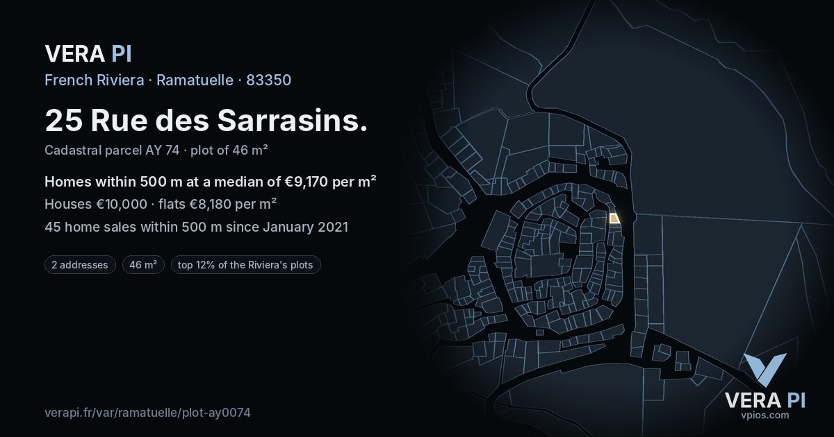 25 Rue des Sarrasins, Ramatuelle at night – the plot lit, the parcels around coloured by the prices near them