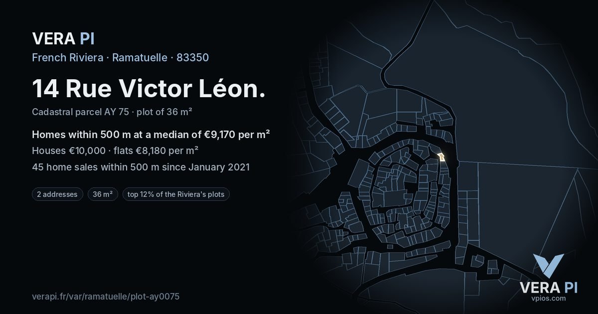 14 Rue Victor Léon, Ramatuelle at night – the plot lit, the parcels around coloured by the prices near them