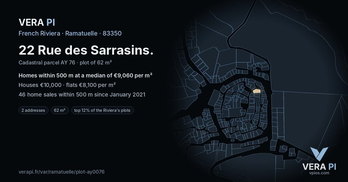 22 Rue des Sarrasins, Ramatuelle at night – the plot lit, the parcels around coloured by the prices near them