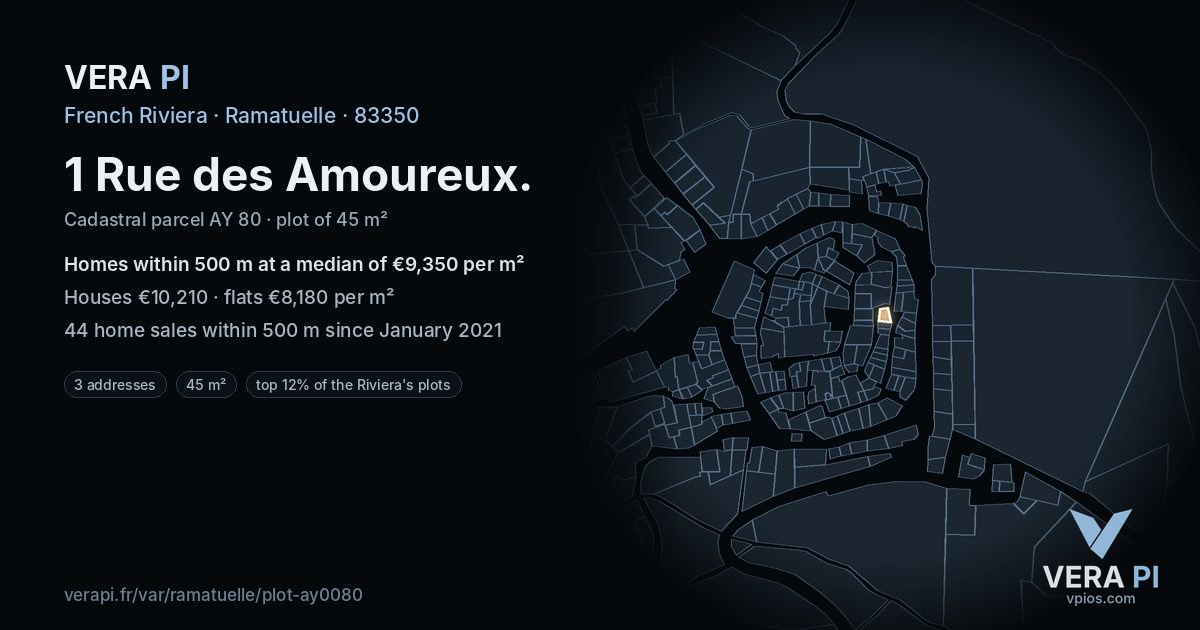 1 Rue des Amoureux, Ramatuelle at night – the plot lit, the parcels around coloured by the prices near them