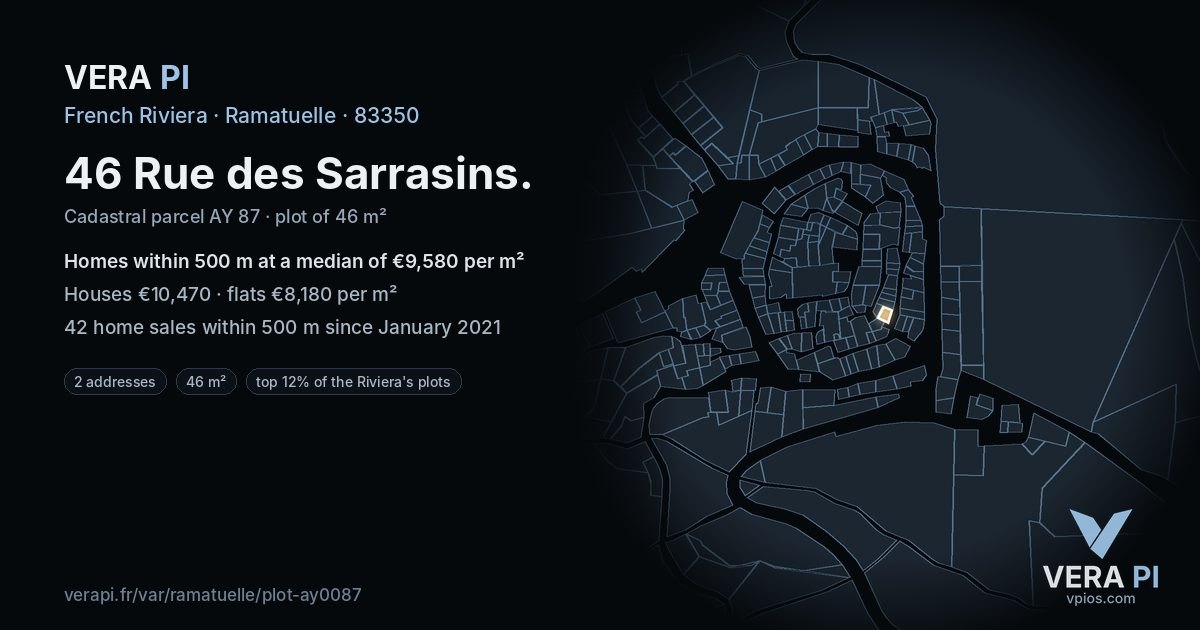 46 Rue des Sarrasins, Ramatuelle at night – the plot lit, the parcels around coloured by the prices near them