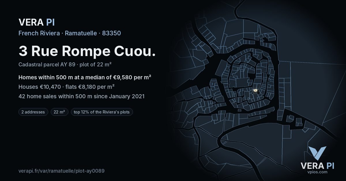 3 Rue Rompe Cuou, Ramatuelle at night – the plot lit, the parcels around coloured by the prices near them