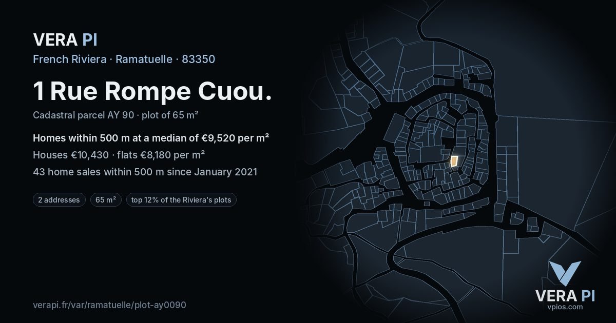 1 Rue Rompe Cuou, Ramatuelle at night – the plot lit, the parcels around coloured by the prices near them