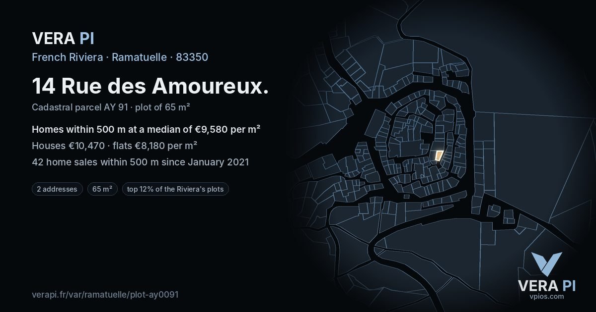 14 Rue des Amoureux, Ramatuelle at night – the plot lit, the parcels around coloured by the prices near them