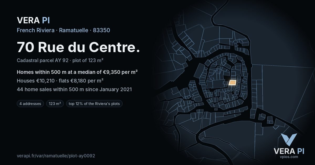 70 Rue du Centre, Ramatuelle at night – the plot lit, the parcels around coloured by the prices near them