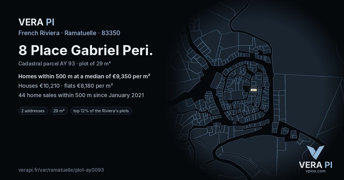 8 Place Gabriel Peri, Ramatuelle at night – the plot lit, the parcels around coloured by the prices near them