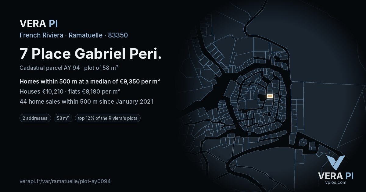 7 Place Gabriel Peri, Ramatuelle at night – the plot lit, the parcels around coloured by the prices near them