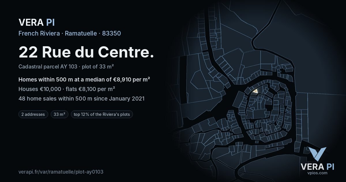22 Rue du Centre, Ramatuelle at night – the plot lit, the parcels around coloured by the prices near them