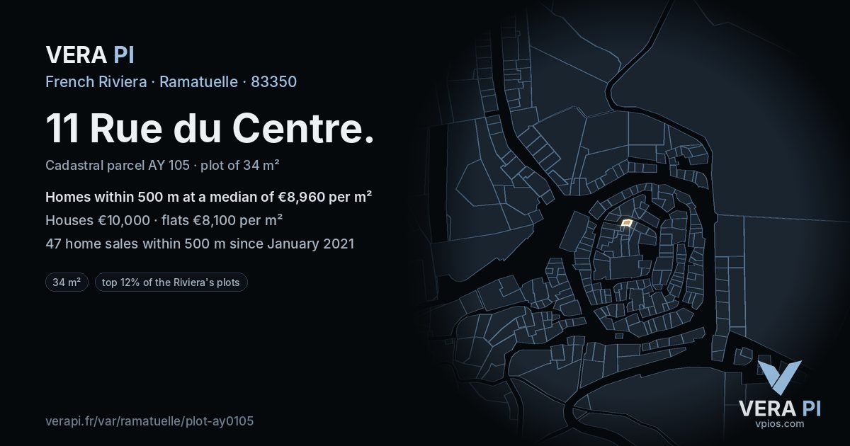 11 Rue du Centre, Ramatuelle at night – the plot lit, the parcels around coloured by the prices near them
