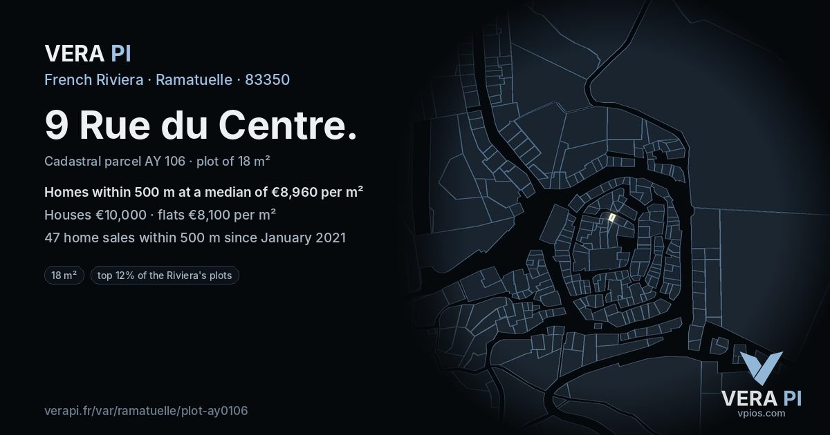 9 Rue du Centre, Ramatuelle at night – the plot lit, the parcels around coloured by the prices near them