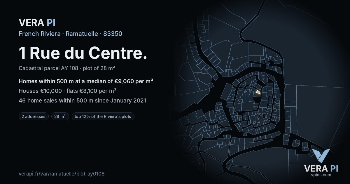 1 Rue du Centre, Ramatuelle at night – the plot lit, the parcels around coloured by the prices near them