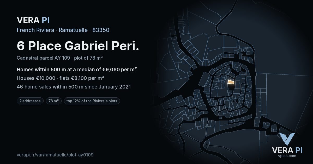 6 Place Gabriel Peri, Ramatuelle at night – the plot lit, the parcels around coloured by the prices near them