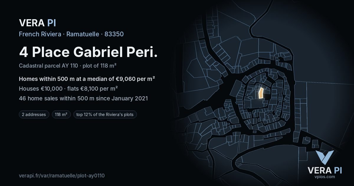 4 Place Gabriel Peri, Ramatuelle at night – the plot lit, the parcels around coloured by the prices near them