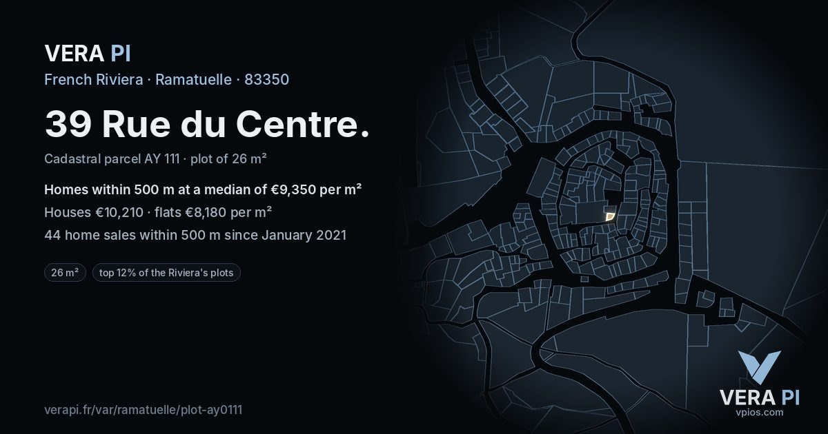39 Rue du Centre, Ramatuelle at night – the plot lit, the parcels around coloured by the prices near them