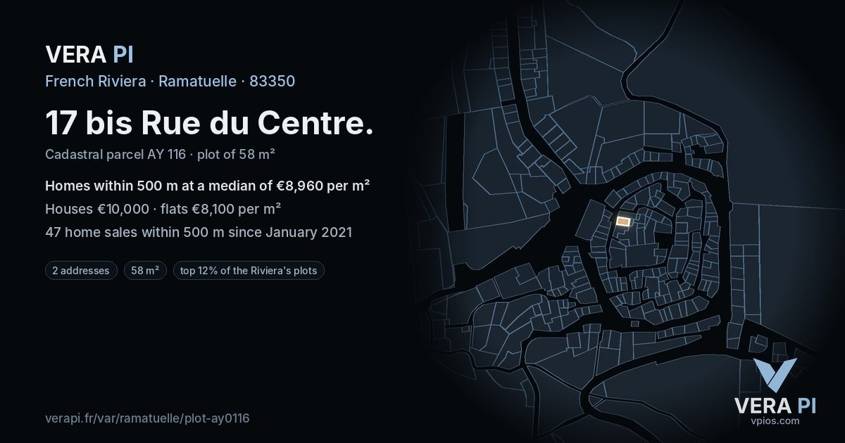 17 bis Rue du Centre, Ramatuelle at night – the plot lit, the parcels around coloured by the prices near them