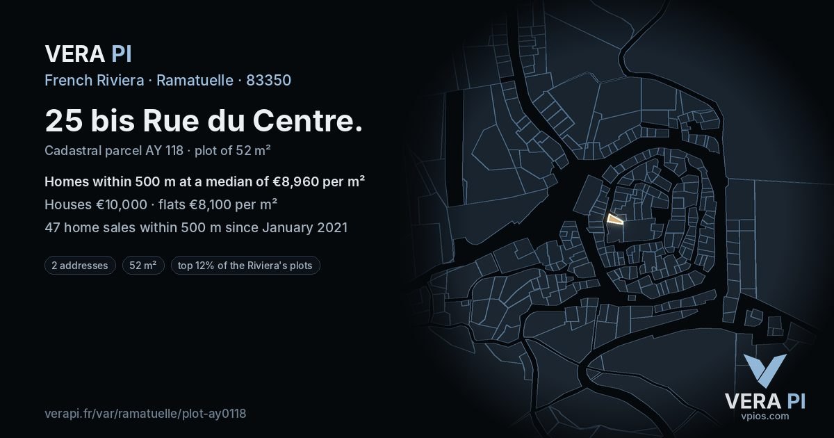 25 bis Rue du Centre, Ramatuelle at night – the plot lit, the parcels around coloured by the prices near them