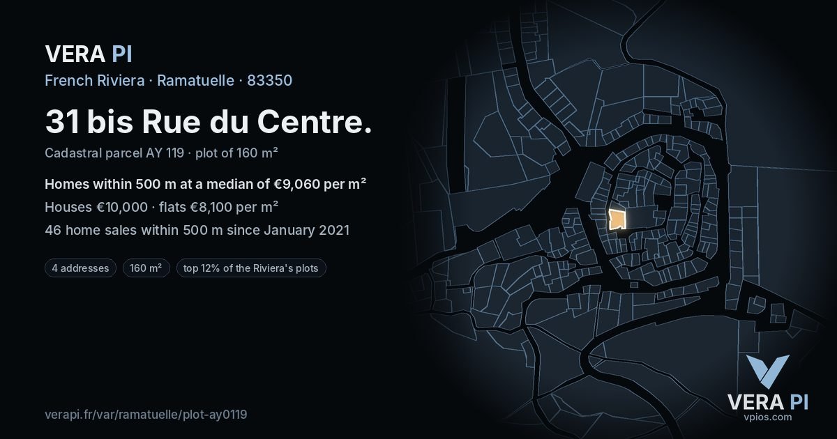 31 bis Rue du Centre, Ramatuelle at night – the plot lit, the parcels around coloured by the prices near them