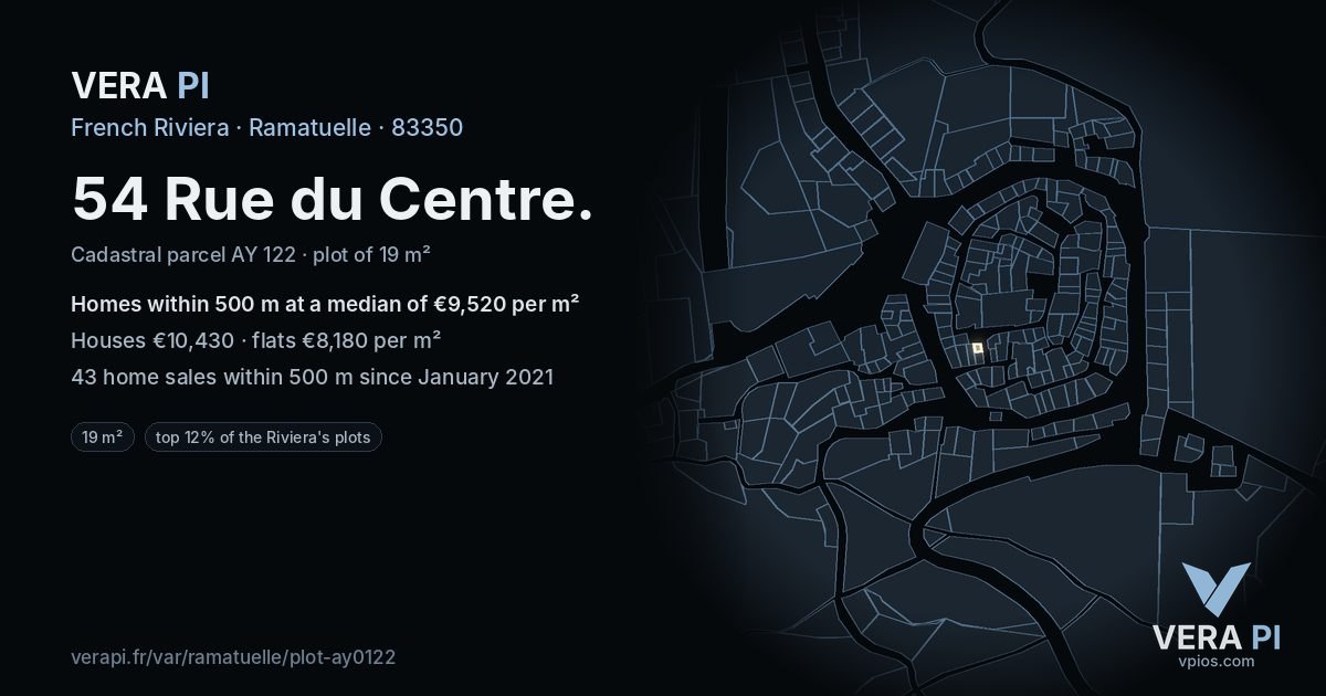 54 Rue du Centre, Ramatuelle at night – the plot lit, the parcels around coloured by the prices near them