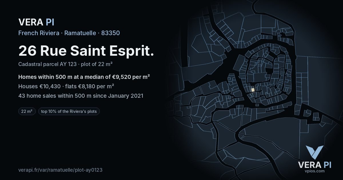 26 Rue Saint Esprit, Ramatuelle at night – the plot lit, the parcels around coloured by the prices near them