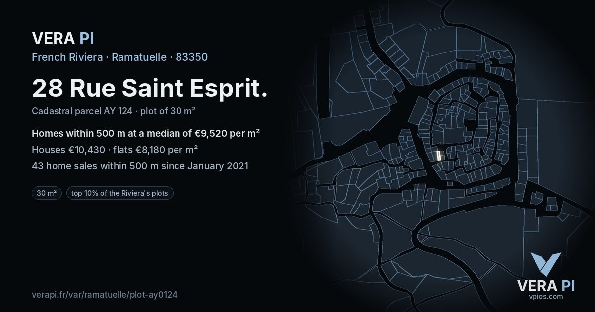 28 Rue Saint Esprit, Ramatuelle at night – the plot lit, the parcels around coloured by the prices near them