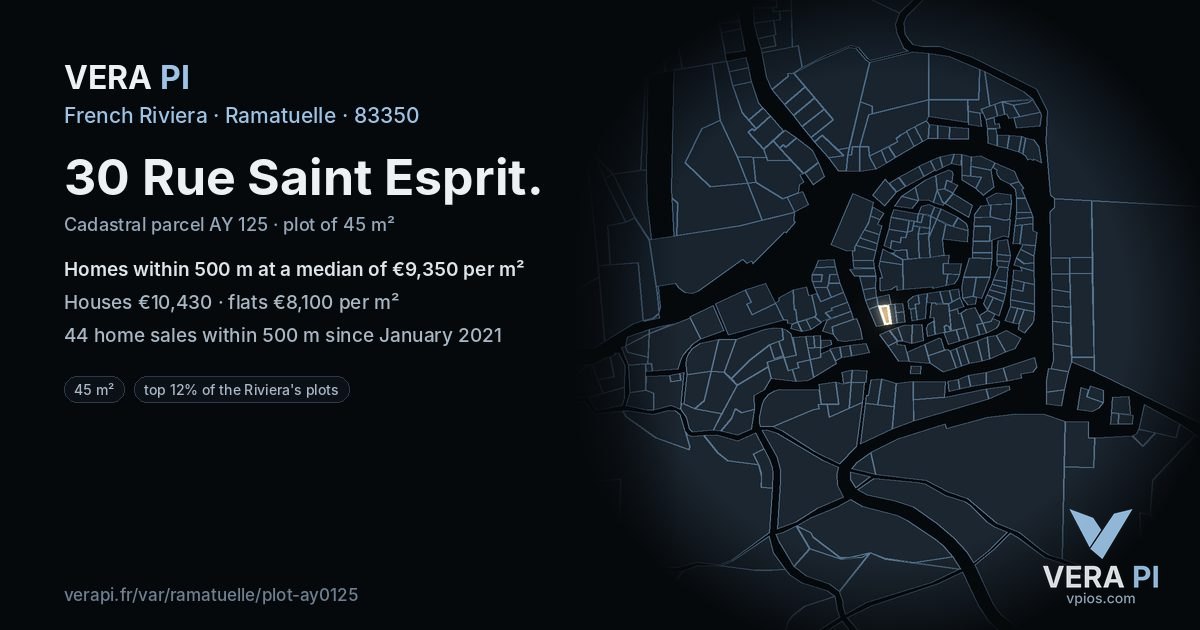 30 Rue Saint Esprit, Ramatuelle at night – the plot lit, the parcels around coloured by the prices near them