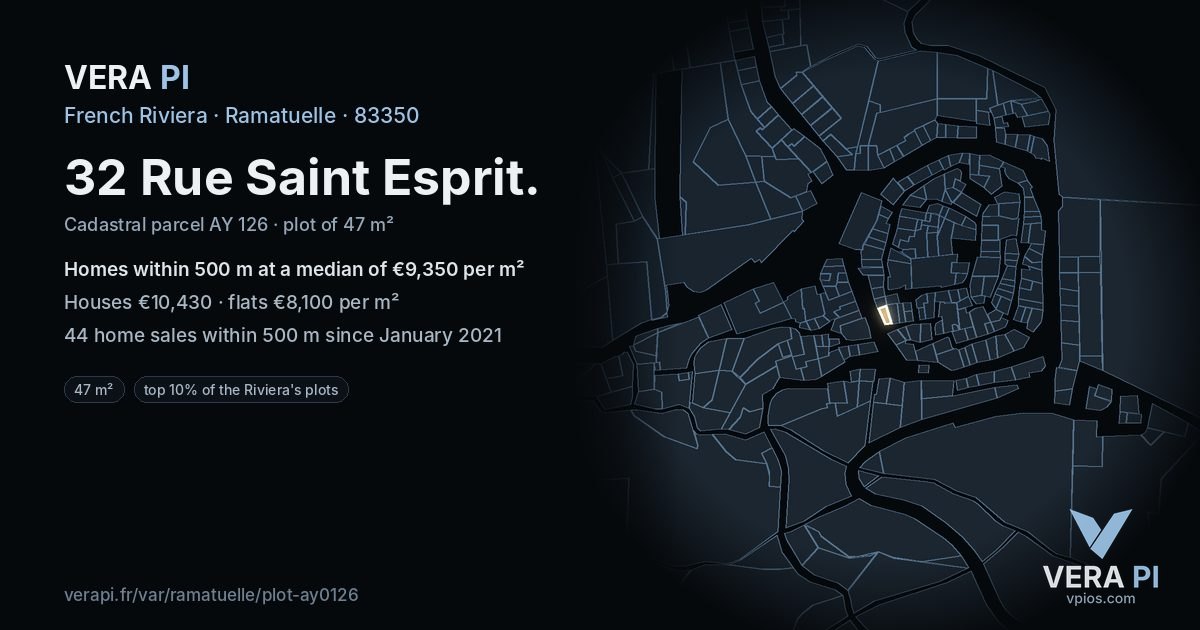 32 Rue Saint Esprit, Ramatuelle at night – the plot lit, the parcels around coloured by the prices near them